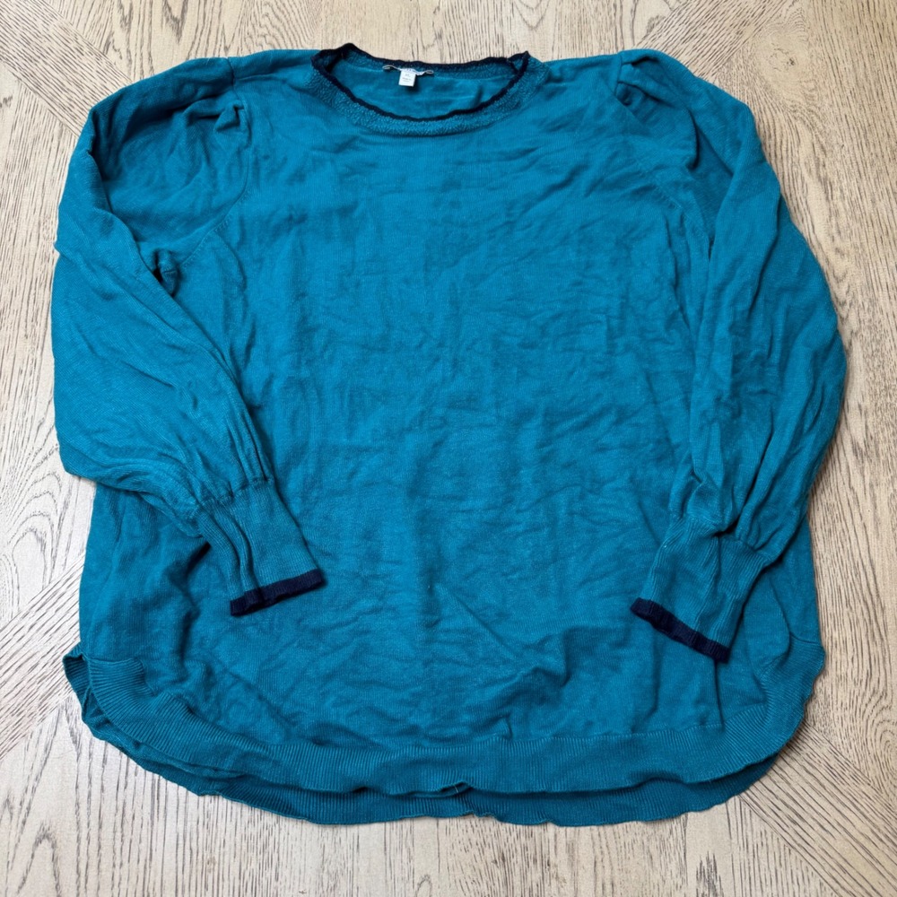 Crown & Ivy Women's XL Teal Blue Long Sleeve Knit sweater Dark‎ Trim Pullover